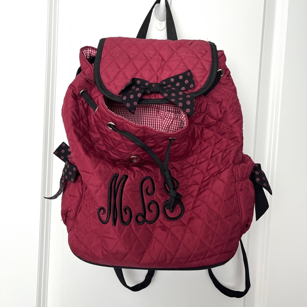 Quilted Red Backpack with Bow Accents & Initials “MLS”